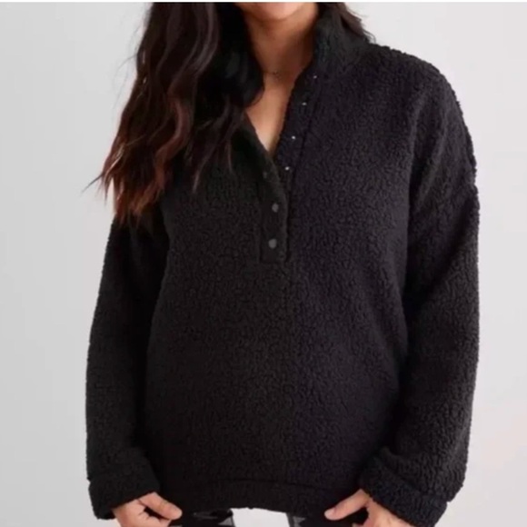 Aerie Quarter Snap Sherpa Jacket Black Size M - Picture 1 of 10
